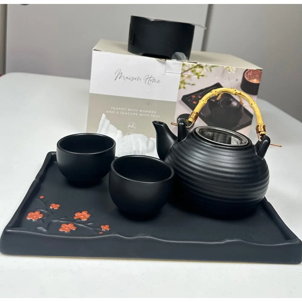 Maison Home Matte Black Ceramic Tea Set Teapot Warmer 2 Cups Tray Cherry Blossom